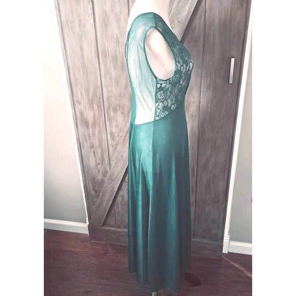 VTG Adonna Nightgown Slip Dress Med Green Sheer Lace Bodice Crisscross Coquette - Picture 9 of 14